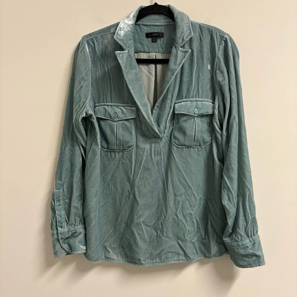 J‎ Crew Velvet Patch-Pocket Popover Shirt S Small Seaglass